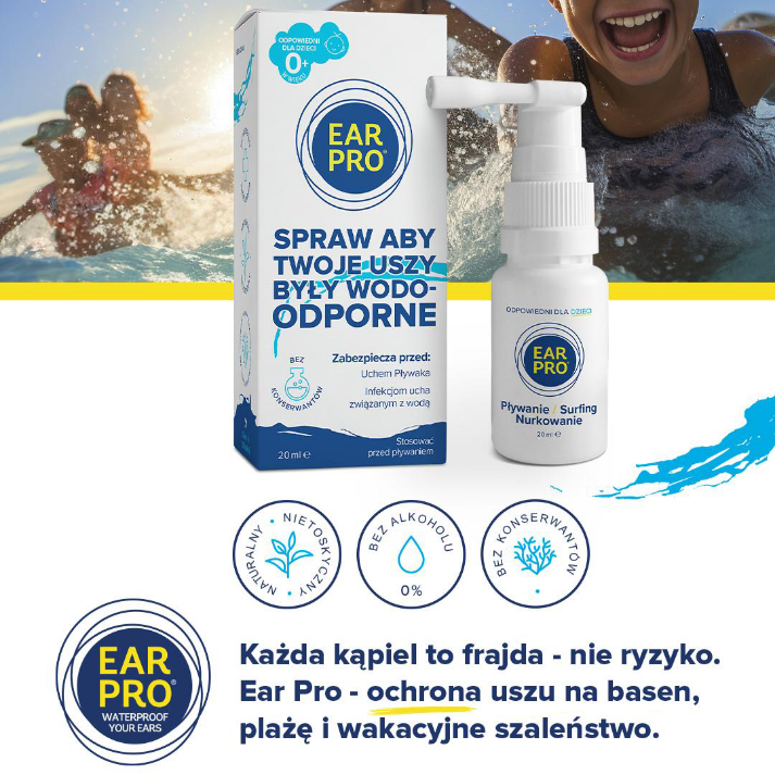 Ear Pro - najważniejsze cechy produktu - kąpiel w morzu czy basenie - bez ryzyka zapalenia ucha