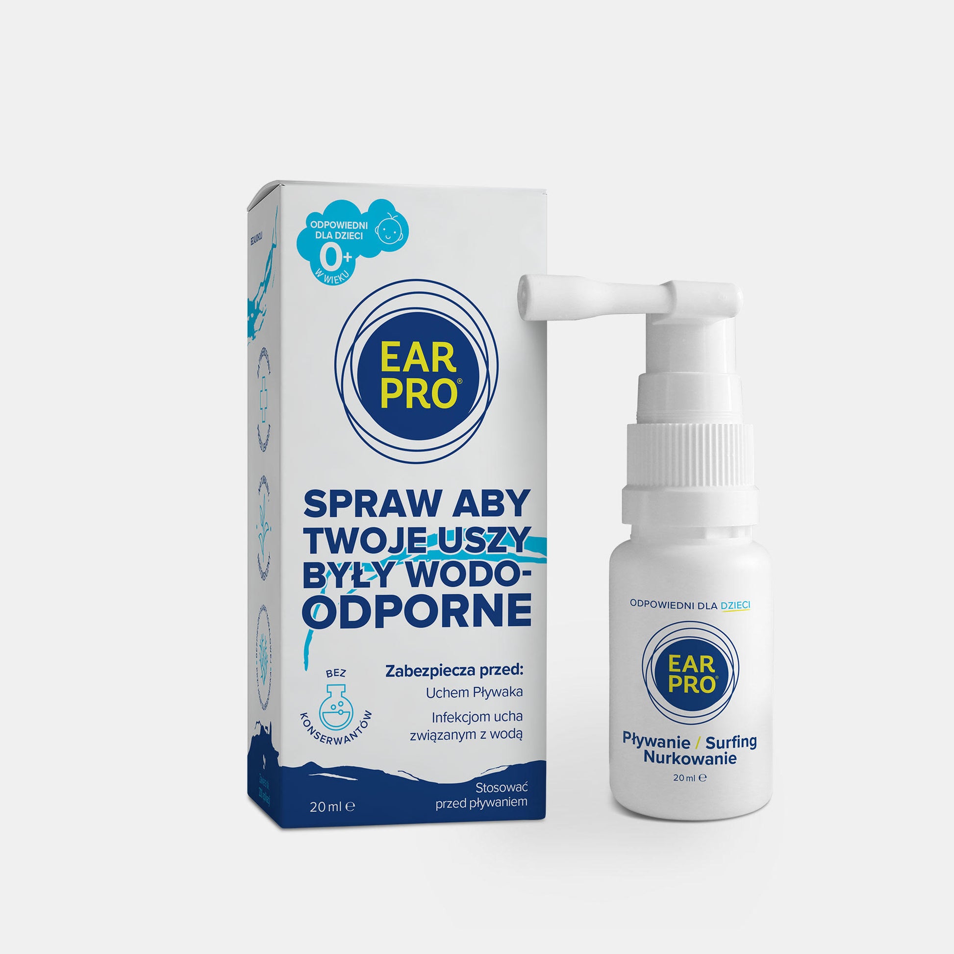 Ear Pro - opakowanie. Preparat przeciwko uchu pływaka i infekcjom związanym z wodą. BEz konserwantów, dla dzieci i dorosłych